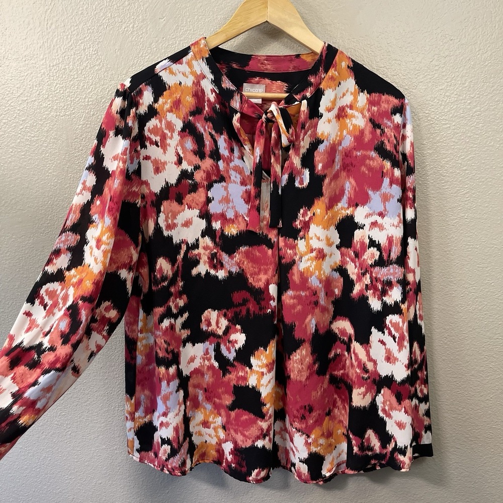 Chicos 3 Maximalist Abstract Floral Top Bow Tie Long Sleeve Vibrant Office 16/18
